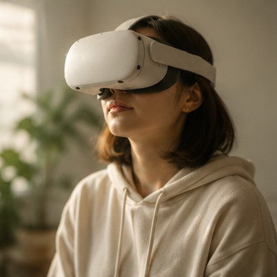 ヘッドセットを着けて終末期体験VRを体験する様子